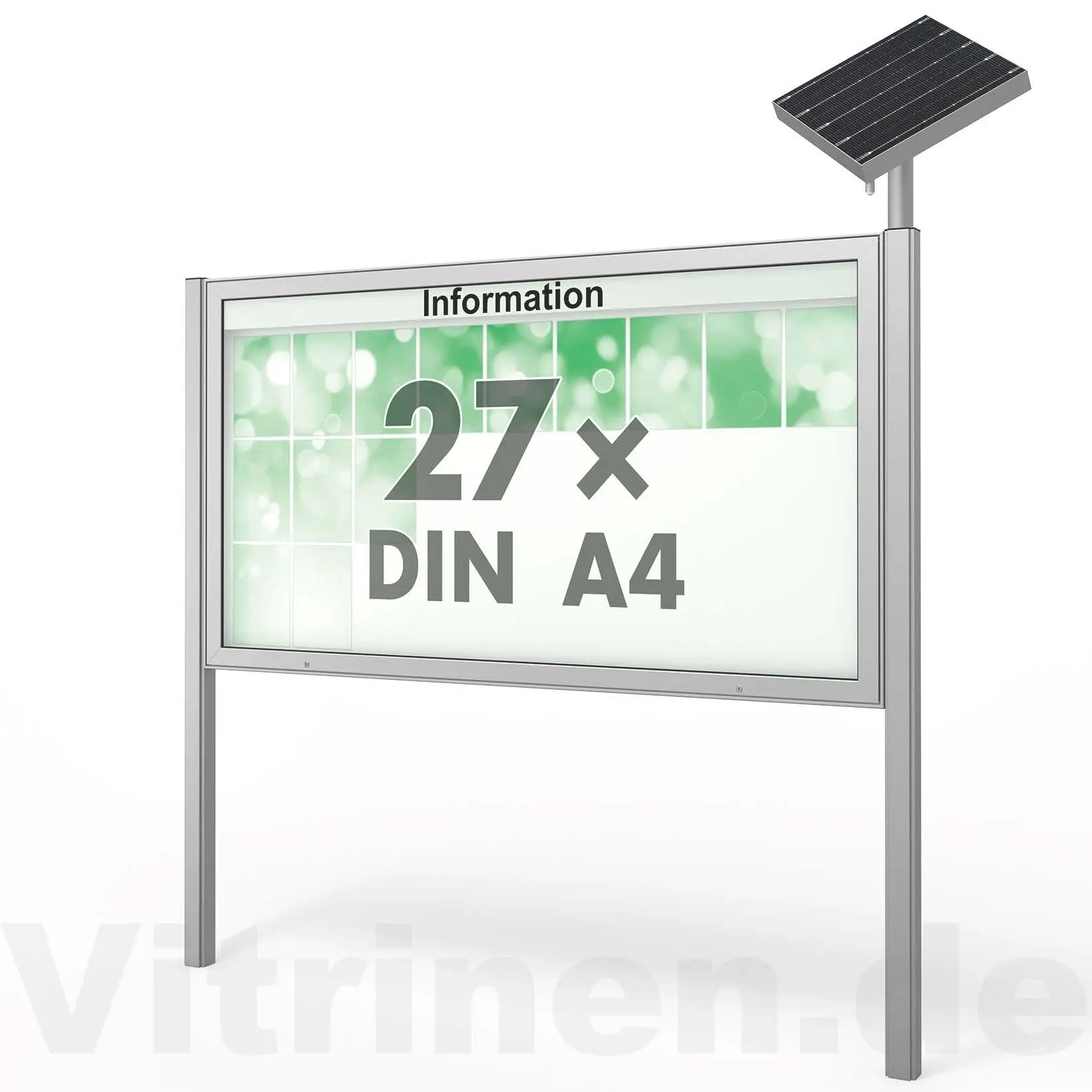 27 x DIN A4 Schaukasten Plenum eckig - der "Klassiker" mit Solar-Modul und Pfosten - Bautiefe 65mm